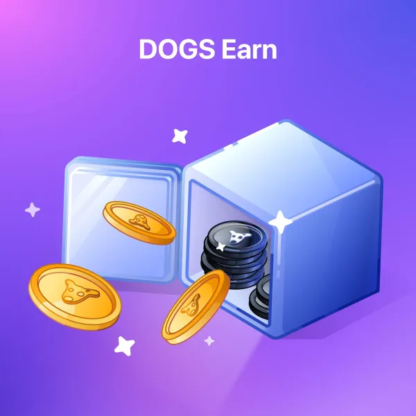 Illustration of DOGS Earn program featuring golden and black DOGS tokens being stored in a futuristic vault, with a purple gradient background and floating sparkles