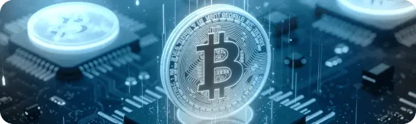 Blue Bitcoin logo inside a chip